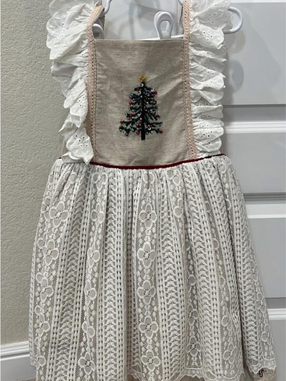 Girls Ivory Lace Holiday Dress with Embroidered Tree